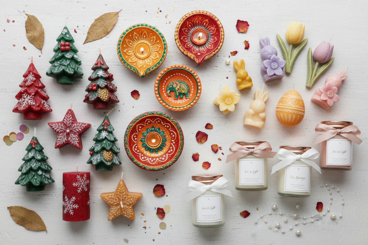 create another image of various occassion based candles - So show christmas candles alongside diwali theme candles alongside easter like candles alongside wedding favours