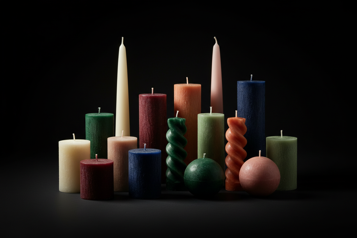image of various pillar candles in different shapes and sizes and different colours on a blakc background